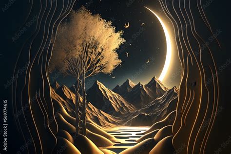 3d modern art mural wallpaper with night landscape with dark mountains, dark black background ...