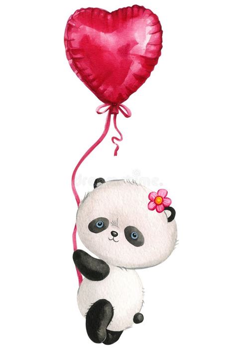 Cute Cartoon Panda And Pink Heart On Isolated Background Watercolor