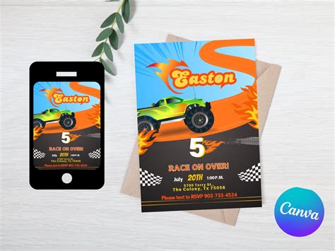 Birthday Invitation Template Hot Wheels Monster Truck 5 Year Old Personalize Unique Party