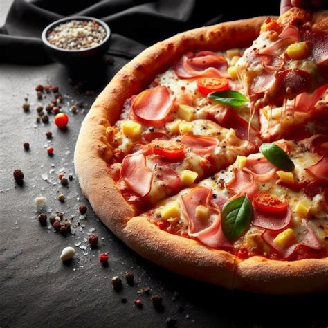 Premium Photo Close Up Front View Of Fresh Hot Pizza On Black Stone Luxury Table Ai Generative