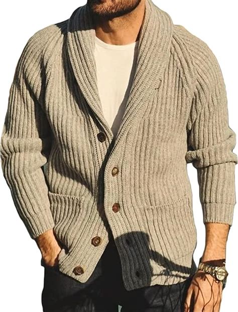 FUERI Mens Cardigan Knitted Jacket Shawl Collar Loose Chunky Cable Knit