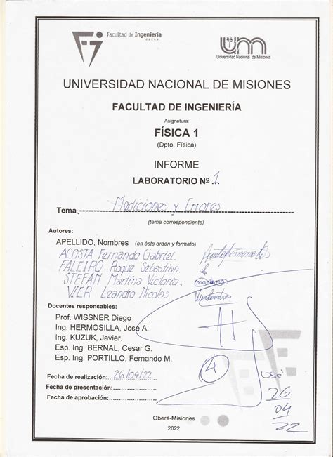 Laboratorio N Mediciones Y Errores Informe De Laboratorio N