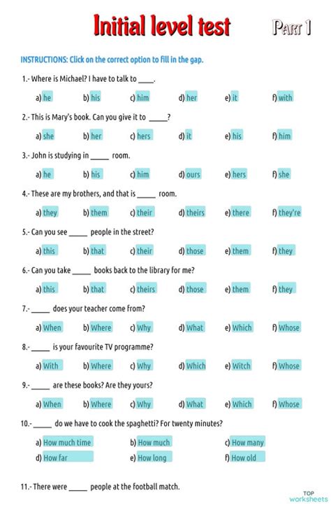 Initial Level Test Part 1 Interactive Worksheet Topworksheets