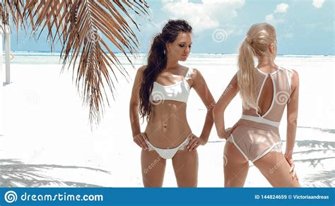 Outdoor Photo Of Bikini Girls Models In Fashion Swimsuits On Tropical