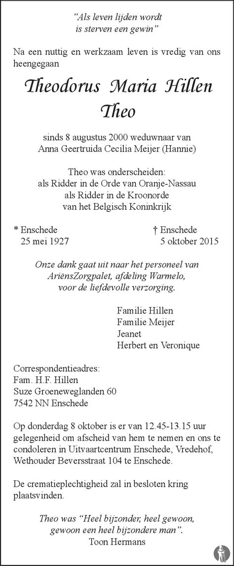 Theodorus Maria Theo Hillen Overlijdensbericht En