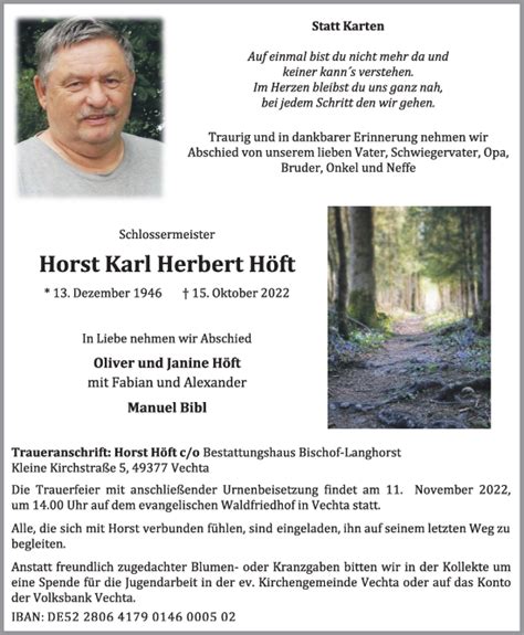 Traueranzeigen von Horst Karl Herbert Höft om trauer de