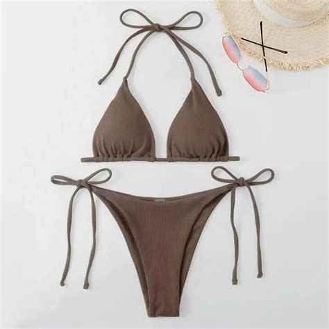 Stks Set Vrouwen Badpak Geribbelde Rugloze Pads Vrouwen Bikini Set Halter Driehoek Bh Stropdas
