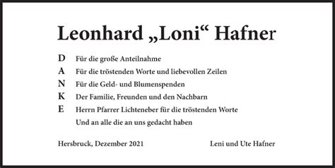 Traueranzeigen Von Leonhard Hafner Gemeinsamtrauern N Land