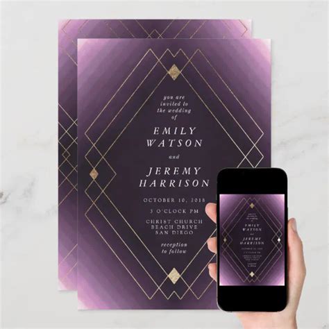 Gold Diamond Purple Geometric Deco Gatsby Wedding Invitation Zazzle