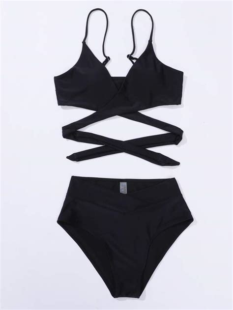 Enf Rgat Bikini Set Crisscross Knytning Bak Bh Ar Verlappande H G Midja Botten Stycken