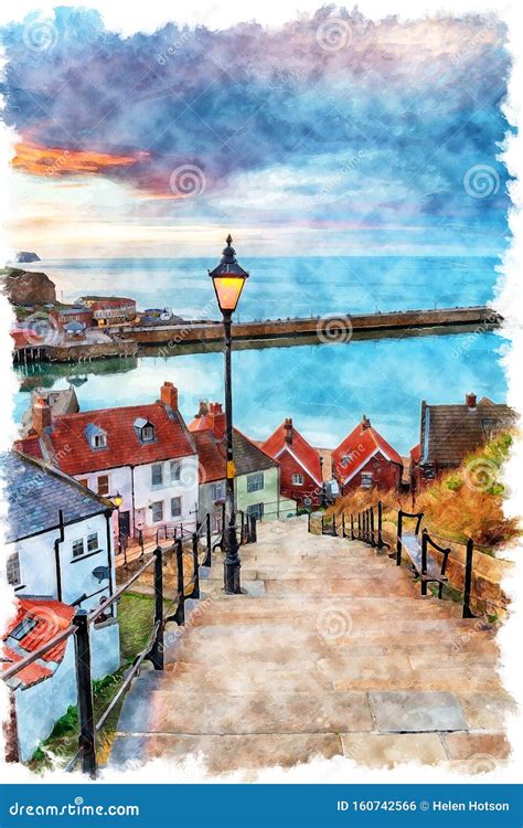 Night Fall Over Whitby Painting Stock Illustration Illustration Of