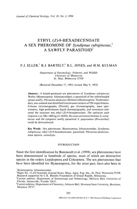 PDF Ethyl Z 9 Hexadecenoate A Sex Pheromone Of Syndipnus