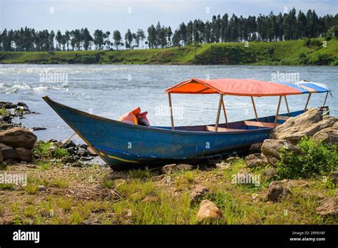 Jinja Uganda June 2 2022 A Small Blue Boat On The Nile Near The