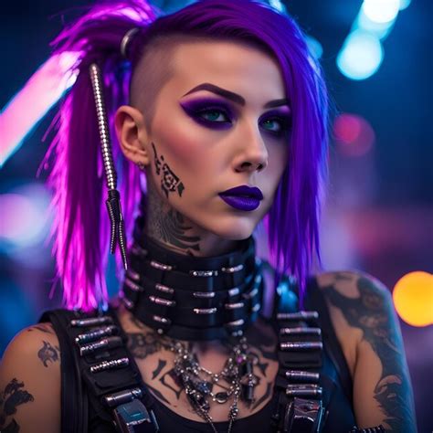 A Punk Style Girl With Modern Purple Hairstyle Look And Tattoos Wearing Leather Premium Ai