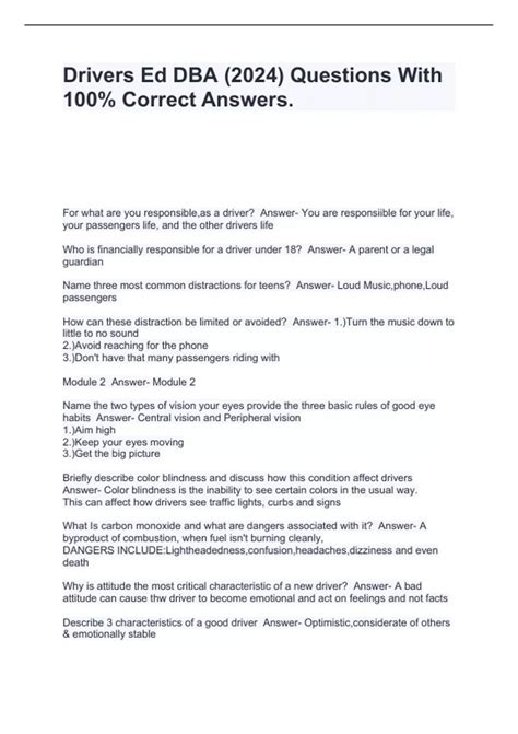 Drivers Ed DBA (2024) Questions With 100% Correct Answers. - Drivers Ed