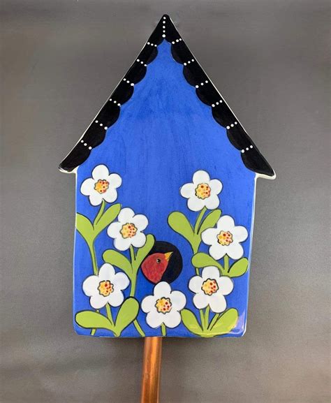 Blue Birdhouse Garden Stake Bird Houses Painted Hand Painted