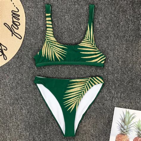 New Sexy Leaves Print Swimsuit High Waist Bikini Women Vintage Swimwear Two Pieces