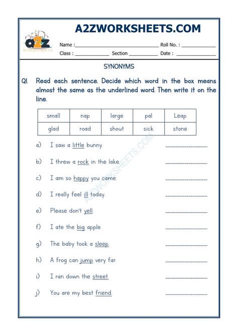 A Zworksheets Worksheet Of Class Ll Synonyms Grammar English