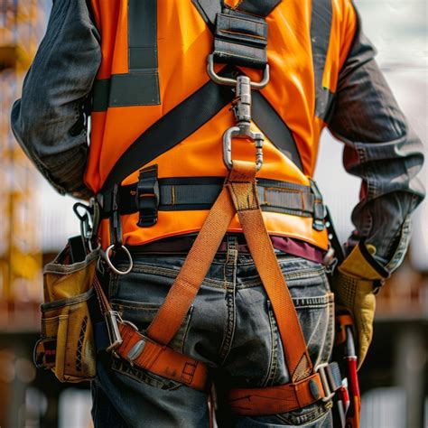 A Construction Worker Wearing A Safety Harness And Vest Premium Ai