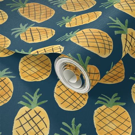 Pineapples Blue Background Wallpaper Spoonflower