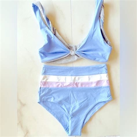 L Space Swim New Lspace Reversible Blue Stripe Twist Knot High Waist Bikini Set Poshmark