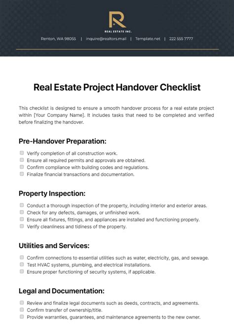 Free Real Estate Project Handover Checklist Template To Edit Online