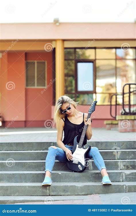 Blonde Woman With Electric Guitar Stock Photo Image Of Hipster Guitar 48115082