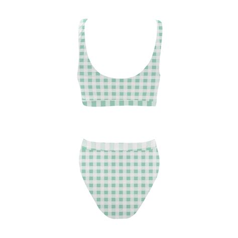 Mint Green Gingham Sport Top High Waisted Bikini Swimsuit Model S Id D