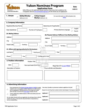 Fillable Online Education Gov Yk Yukon Nominee Program Application Form