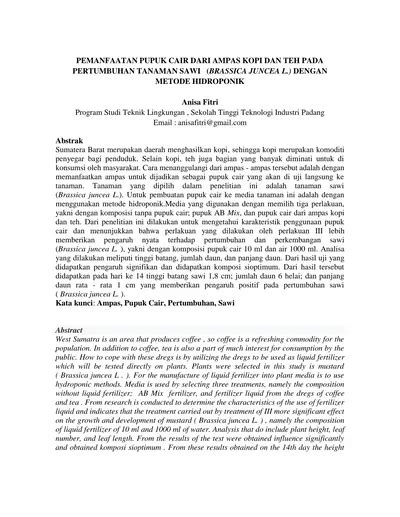 Pemanfaatan Pupuk Cair Dari Ampas Kopi Dan Teh Pada Pertumbuhan Tanaman Sawi Brassica Juncea L