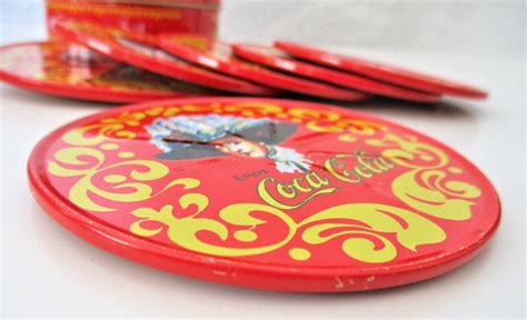 Vintage 6 Coca Cola Coaster Set In Tin Red Lady In Hat Metal Cork 1980s Ebay