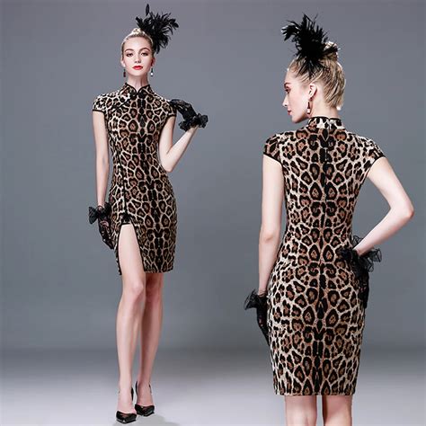 Latin Dance Dress Woman Leopard Skirt Jogo De Cha Cheongsam Style Robe