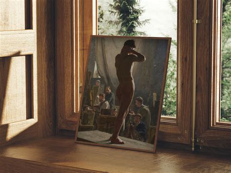 Vintage Oil Painting Of Nude Male Study In Art Studio Antique Artwork Moody Wall Art Printable
