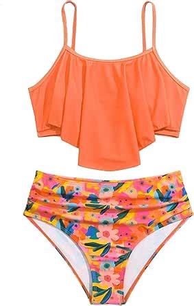 Amazon Sweatyrocks Girl S Two Piece Swimsuit Graphic Print Ruffle Flounce Cute Bikini Set