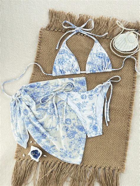 Swim Vcay New Multi Color Ditsy Floral Tie Side High Cut Thong Tie Side Triangle Ruffle Bikini