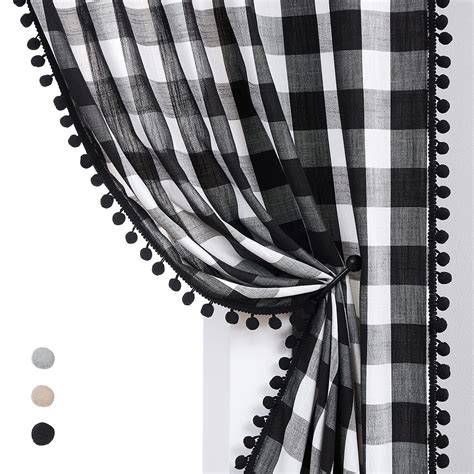 Buy Ex Black White Buffalo Check Plaid Curtains 54inch Pom Pom Rustic