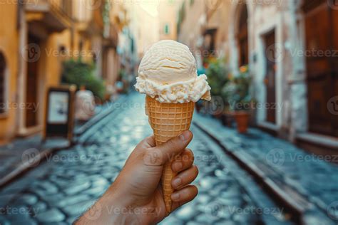 a hand holds a bright ball of real Italian ice cream on the background