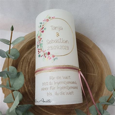 Hochzeitskerze Rustik Weiß Zarte Blümchen Altrosa Bordeaux Creativanita