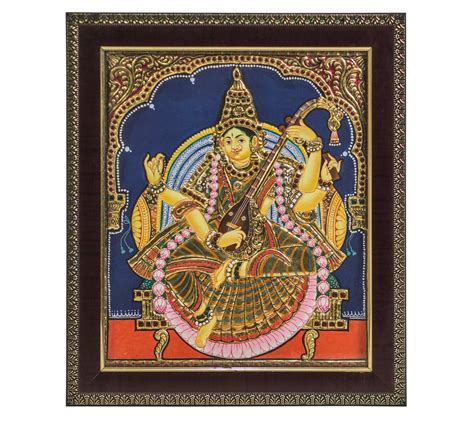 Wooden Canvas Saraswathi Antique Tanjore Painting For Worship Size