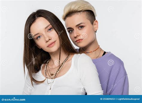 Pretty And Trendy Lesbian Couple With Stock Image Image Of Beads Grey
