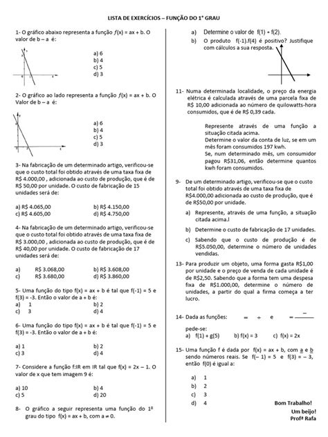 Lista De Exercicios Função Do 1 Grau Com Gabarito - Exercícios sobre Função do 1° Grau | PDF | Despesa | Função (Matemática)