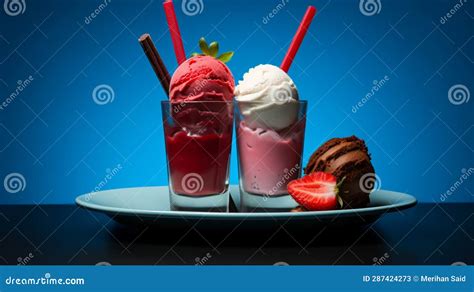 Trio Of Icecream Scoops Of Vanilla Strawberry And Chocolate Stock