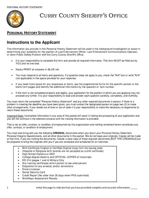 Fillable Online Personal History Statement Instructions And Checklist