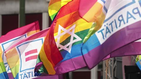 Rainbow Lgbt Flag Wave With David Star Gay Pride Symbol Jewish Community Sign Stock Footage