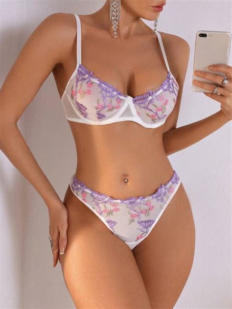 Classic Sexy Conjunto Feminino De Lingerie Sexy De Renda Floral Roxa E Rosa Shein Brasil