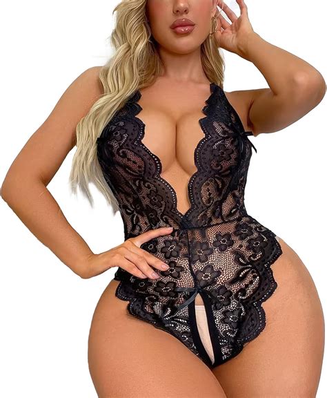 Fychuo Women Sexy Lingerie Lace Bodysuit Plus Size One Piece Teddy Underwear Deep V Neck
