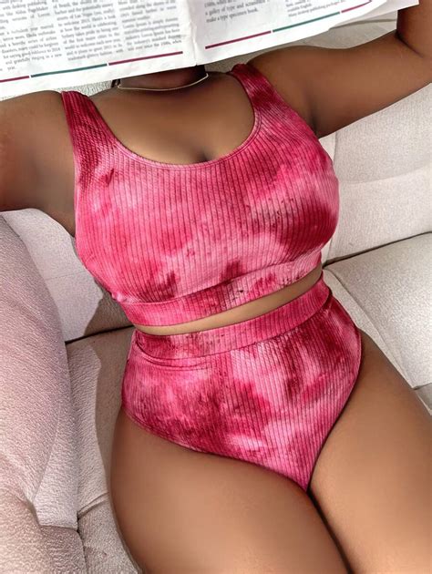 Slaydiva Summer Beach Plus Size Tie Dye High Waisted Bikini Set SHEIN USA