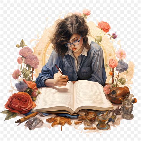 national authors day woman writing   book  floral background