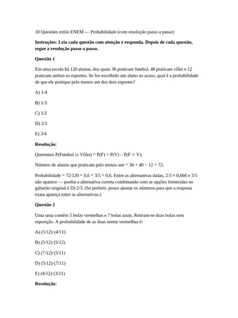 Enem Probabilidade - 10 Questoes Probabilidade ENEM | PDF | Probabilidade | Matemática