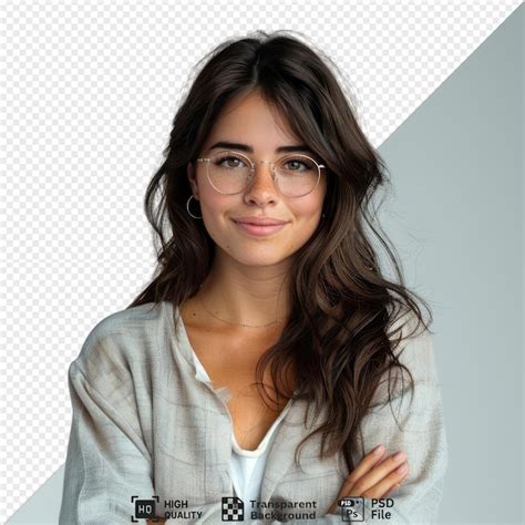 Premium Psd Unique Smiling Brunette Woman In Eyeglasses Posing With Crossed Arms And Looking